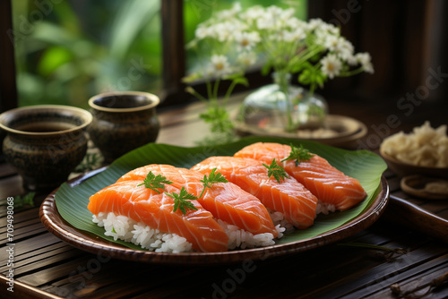 Salmon sliced into pieces and japanese rice on classic dining table.