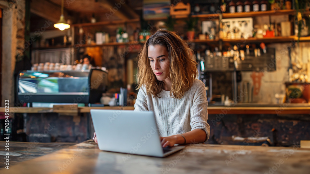 young woman, employee using laptop remote working at coffee shop. young woman, employee using laptop remote working at coffee shop.