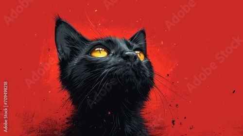  a painting of a black cat looking up at the sky with yellow eyes and whiskers on its fur. © Shanti