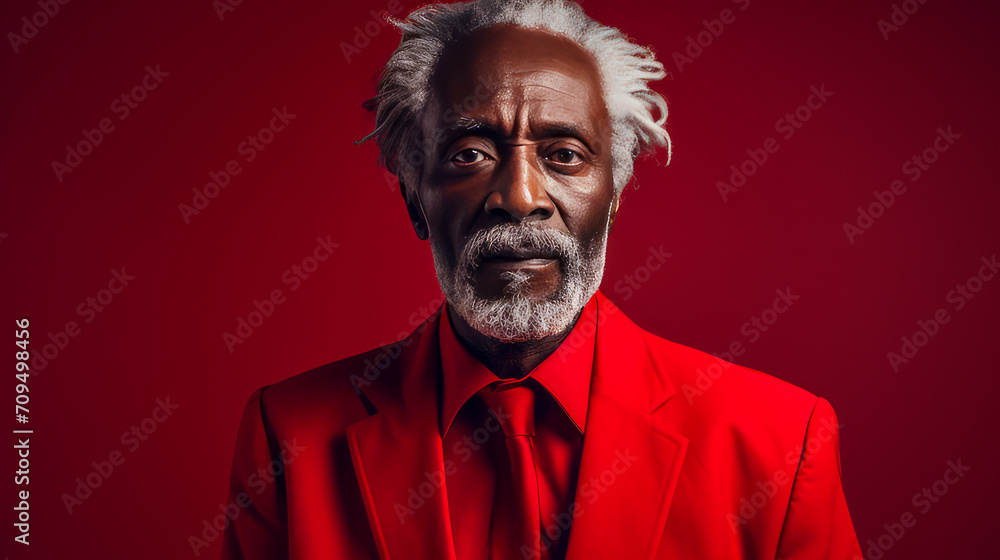 Handsome elegant, elderly African American man, on a red background, banner, close-up, copy space.