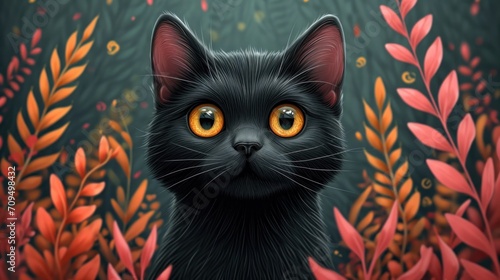  a painting of a black cat with yellow eyes in a field of red leaves and plants with a green background.