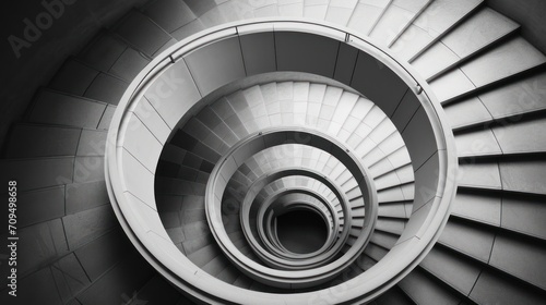  a black and white photo of a spiral staircase with a view of the ground from the top of the spiral staircase.