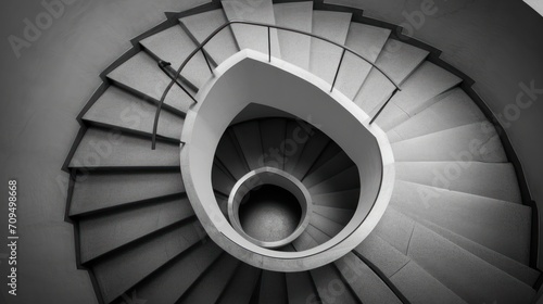  a black and white photo of a spiral staircase with a light at the end of the spiral and a light at the end of the spiral staircase at the end of the stairs.
