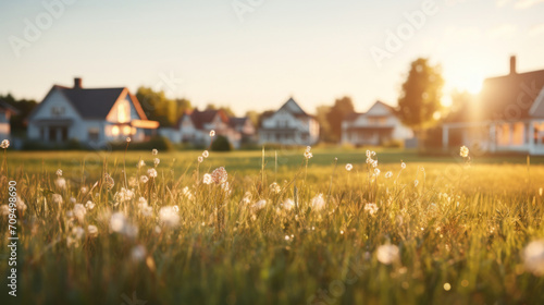 Sunset casting a golden glow over a field of dandelions with suburban houses in the backdrop, evoking warmth and home comfort.