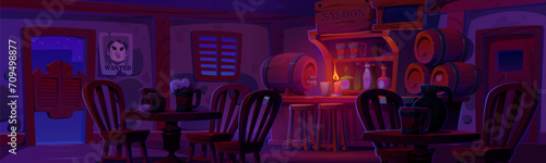 Empty dark western tavern at night. Cartoon vector cowboy saloon interior in dusk with light from candle on wooden bar counter, entrance door and table with chair, wood barrels and cups with beer.