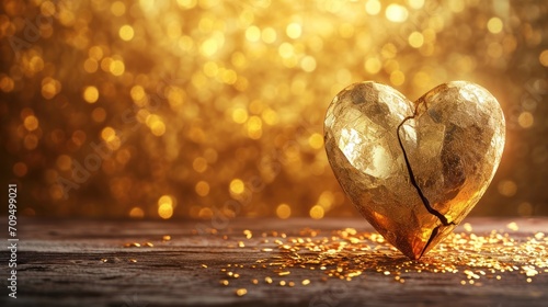  a broken heart sitting on top of a wooden table next to a pile of gold flakes on top of a wooden table.