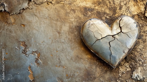  a heart shaped piece of metal sitting on top of a piece of metal that has a crack in the middle of it.