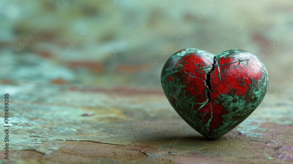  a broken green and red heart sitting on top of a piece of wood with a crack in the middle of it.