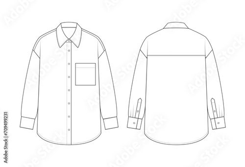 Vector fashion technical drawing of an oversized button-down shirt with front and back view. Long sleeved. Front pocket. Woven fabric.