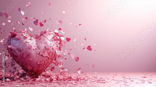  a heart shaped object in the middle of a pile of confetti on a pink background with a splash of water on the floor.