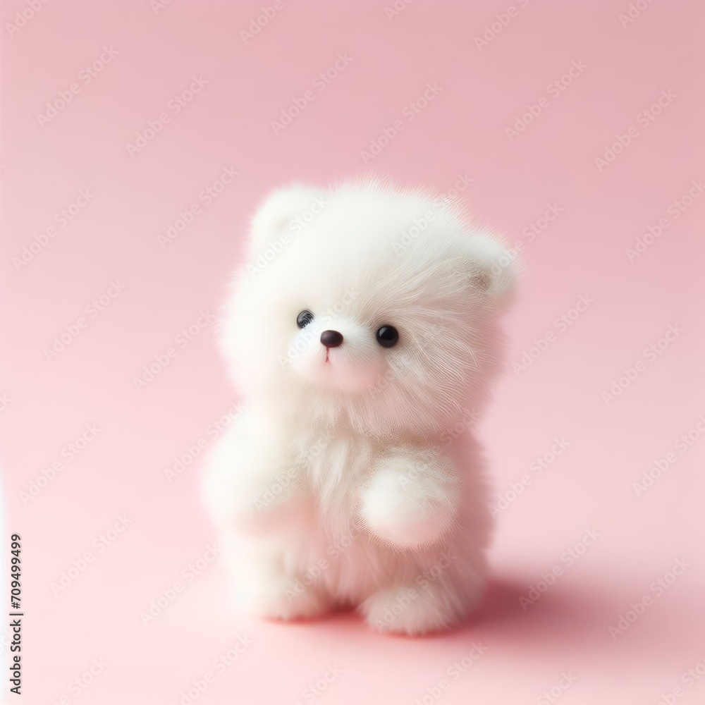 Obraz premium Сute fluffy white baby teddy polar bear toy on a pastel pink background. Minimal adorable animals concept. Wide screen wallpaper. Web banner with copy space for design.