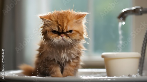 Funny grumpy wet cat after shower. Cute adorable kitten is mad angry to take a bath. Creative animal pet humorous message card banner or pet hygiene concept background. photo