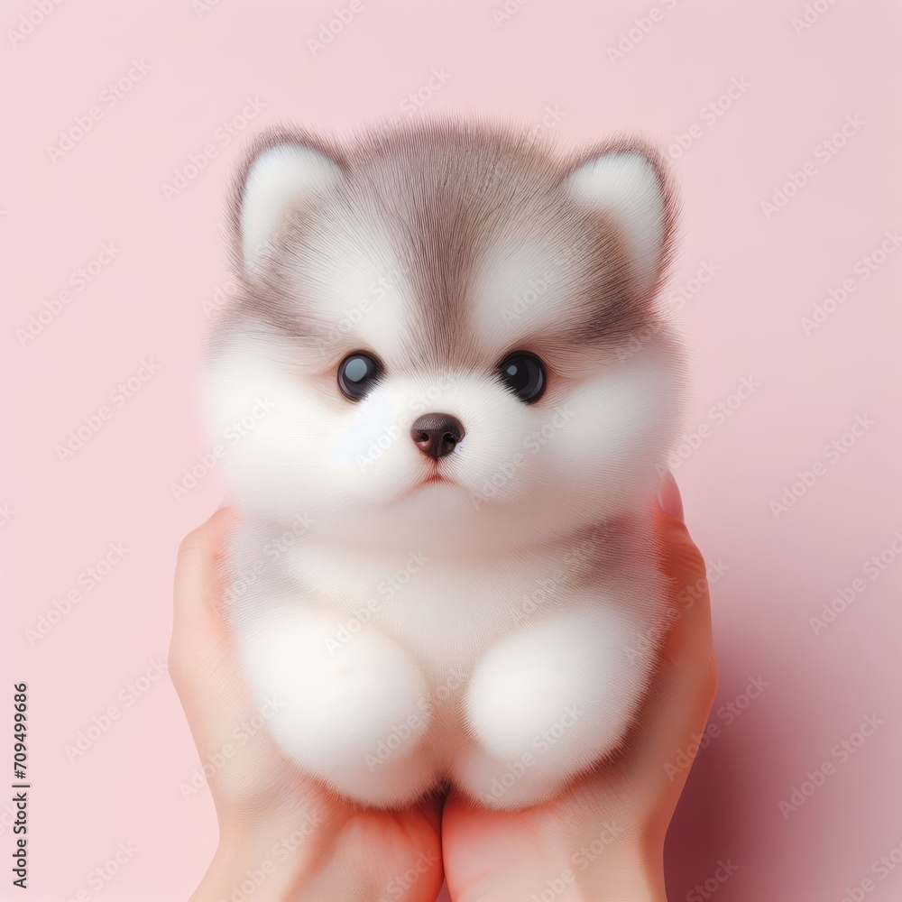 Сute fluffy Siberian Husky puppy toy sitting in the hands on a pastel pink background. Minimal adorable animals concept. Wide screen wallpaper. Web banner with copy space for design.