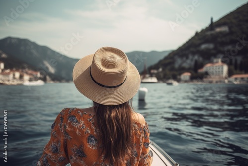 Rear view of woman traveling on yacht, Mediterranean summer, woman on yacht, faceless travel footage, summer travel, European travel © yuanfeng Z