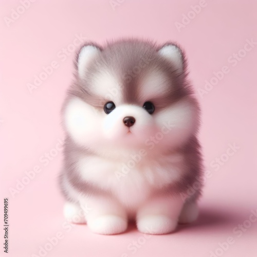 Сute fluffy Siberian Husky puppy toy on a pastel pink background. Minimal adorable animals concept. Wide screen wallpaper. Web banner with copy space for design. © Intergalactic Rada