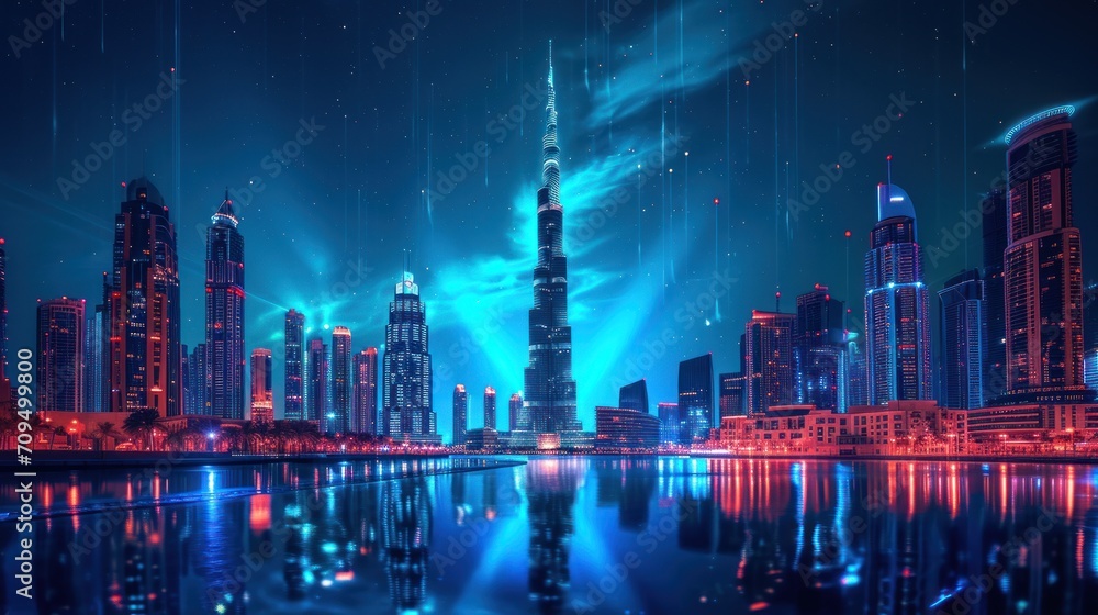  a night scene of a city with skyscrapers and a body of water with lights reflecting off of the water.