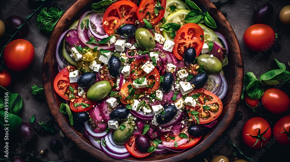 Fresh Greek salad in a brown bowl. Greek Salad is a salad made with fresh tomatoes, cucumbers, red onions, feta cheese, and olive oil.