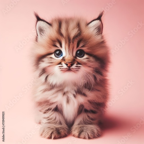 Сute fluffy baby Maine Coon cat toy on a pastel pink background. Minimal adorable animals concept. Wide screen wallpaper. Web banner with copy space for design.
