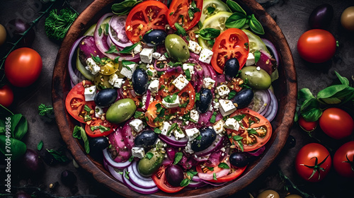 Fresh Greek salad in a brown bowl. Greek Salad is a salad made with fresh tomatoes, cucumbers, red onions, feta cheese, and olive oil.