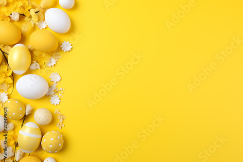 Colorful Easter Eggs, White Flowers, and Willow Gracefully Arranged on a Monochrome Yellow Background - A Tranquil and Beautiful Scene with a Perfect Space for YourText