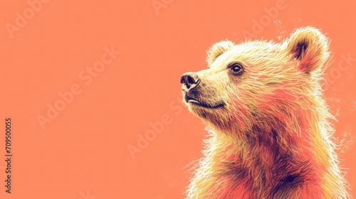  a close up of a bear's face on an orange background with a pink sky in the back ground. photo