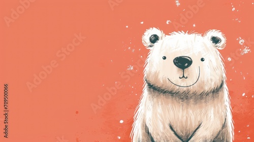  a drawing of a polar bear on a red background with snow flakes on it's fur and a black nose.