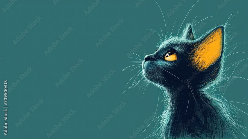 a close up of a black cat with a yellow spot in it's eye looking up at something in the sky. a close up of a black cat with a yellow spot in it's eye looking up at something in the sky.