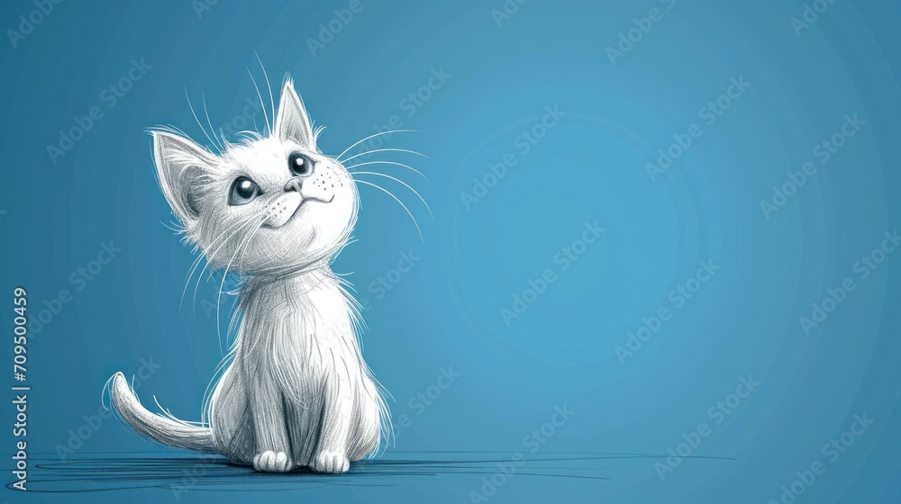 a drawing of a cat with a sad look on it's face, sitting in front of a blue background. a drawing of a cat with a sad look on it's face, sitting in front of a blue background.