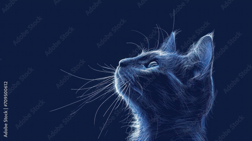  a close up of a cat's face looking up at something on a dark blue background with the light coming from the top of the cat's head.