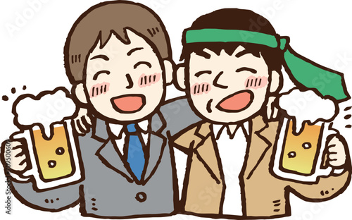 ビールで酔っ払い楽しそうに肩を組む会社員男性のイラスト