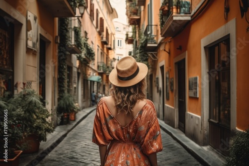 Rear view of woman walking in the streets of Spain, summer in Spain, woman looking at the scenery in the streets of Spain, faceless travel footage, summer travel, travel in Europe