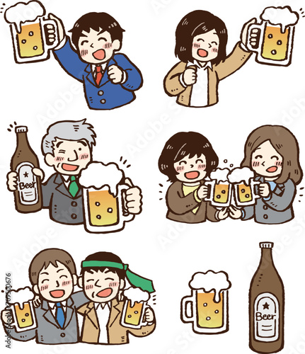 ビールの入ったジョッキを手に飲み会を楽しむ会社員の人々のイラストセット