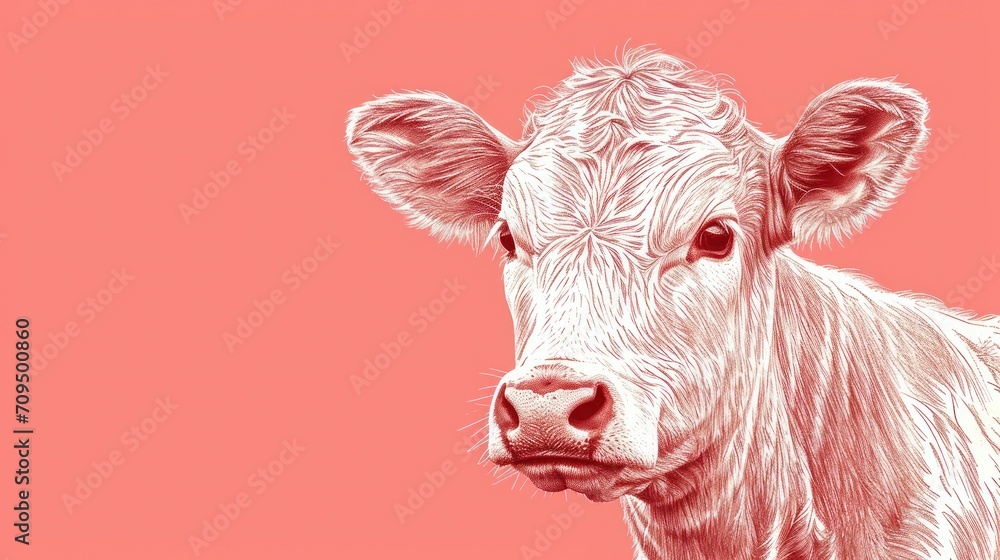 a close up of a cow's face on a pink background with a white cow in the foreground. a close up of a cow's face on a pink background with a white cow in the foreground.