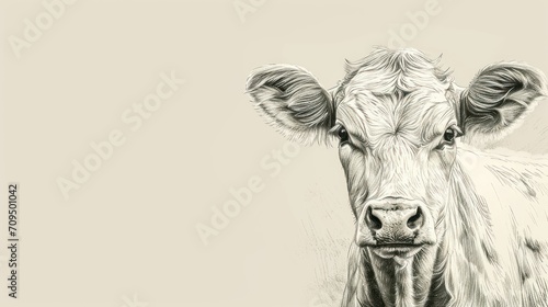  a black and white drawing of a cow looking at the camera with a sad look on it's face.