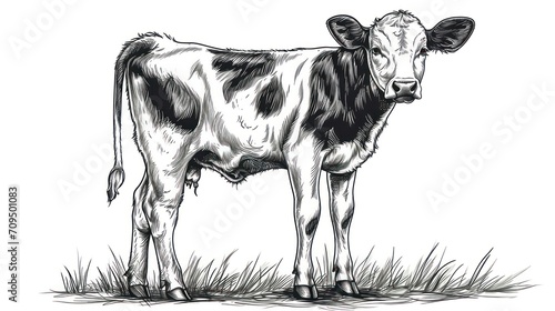 a black and white drawing of a cow standing in a field of grass with a tag in it s ear.