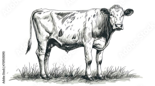  a black and white drawing of a cow standing in a field of grass with its head turned to the side.
