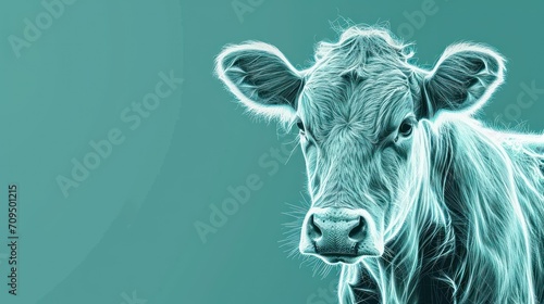  a close up of a cow's face on a blue and green background with a blurry image of the cow's head.