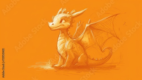  a drawing of a dragon sitting on the ground with its wings spread out and it s head turned to the side.