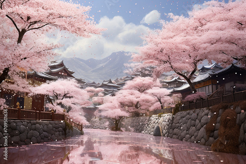 Spring Awakening: Bright and Fresh Landscape Illustration with Cherry Blossom Japan photo