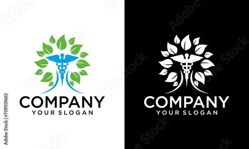 Creative Snake medical logo design with green leaves. Healthy lifestyle theme. Flat vector symbol for medical treatment or health center.