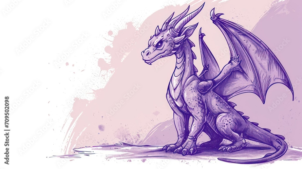 a drawing of a dragon sitting on top of a pile of dirt next to a purple watercolored background. a drawing of a dragon sitting on top of a pile of dirt next to a purple watercolored background.