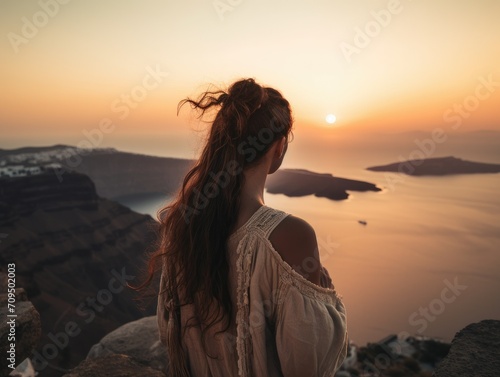 Rear view (vertical view) of woman admiring the sunset on the seaside in Greece, woman traveling in the Mediterranean Sea in summer, woman looking at the scenery in Santorini, faceless travel footage