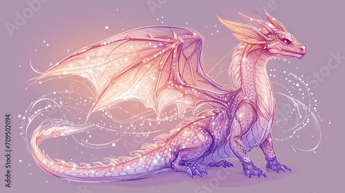  a drawing of a dragon sitting on top of a purple surface with sparkles on it's wings and wings.