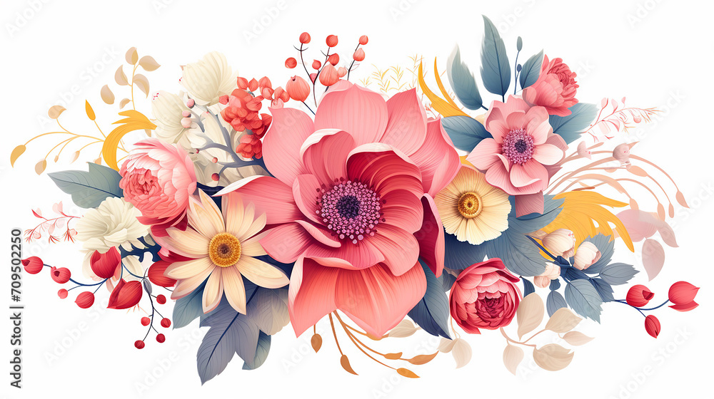 beautiful flowers and leaves composition decorative wedding illustration on white background