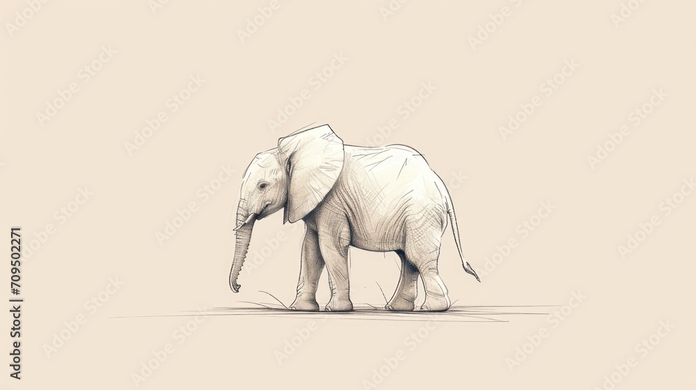 a drawing of a baby elephant standing in the middle of a plain area with a light colored sky in the background.