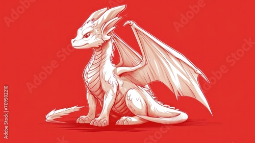  a drawing of a white dragon sitting on the ground with its wings spread out and eyes closed, on a red background.