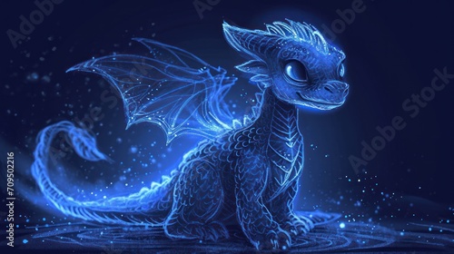  a blue dragon sitting on top of a body of water in front of a dark background with bubbles of water around it.