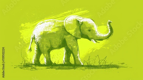  a drawing of an elephant standing in the grass on a bright green background with grass on the ground and grass on the ground.
