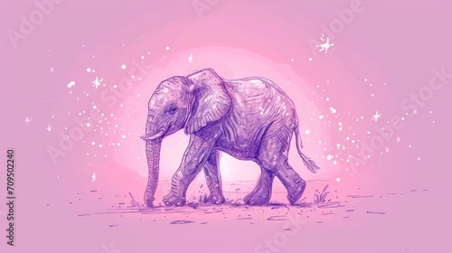  a drawing of an elephant walking across a field with stars in the sky behind it and a pink sky with stars in the background.