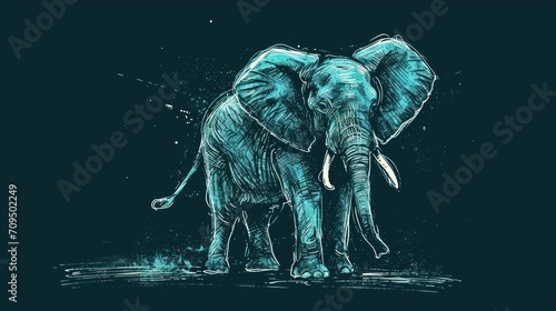  a drawing of an elephant is shown on a dark background with a splash of paint on the bottom of the image.